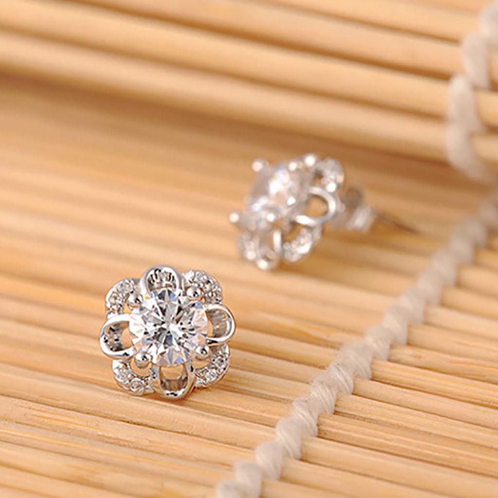 Womens Korean Fashion Elegant 925 Silver Plated Vintage Mini Simple Anti-allergy Zircon Crystal Hollow Out Flower Ear Studs Earrings Jewelry Love Gift