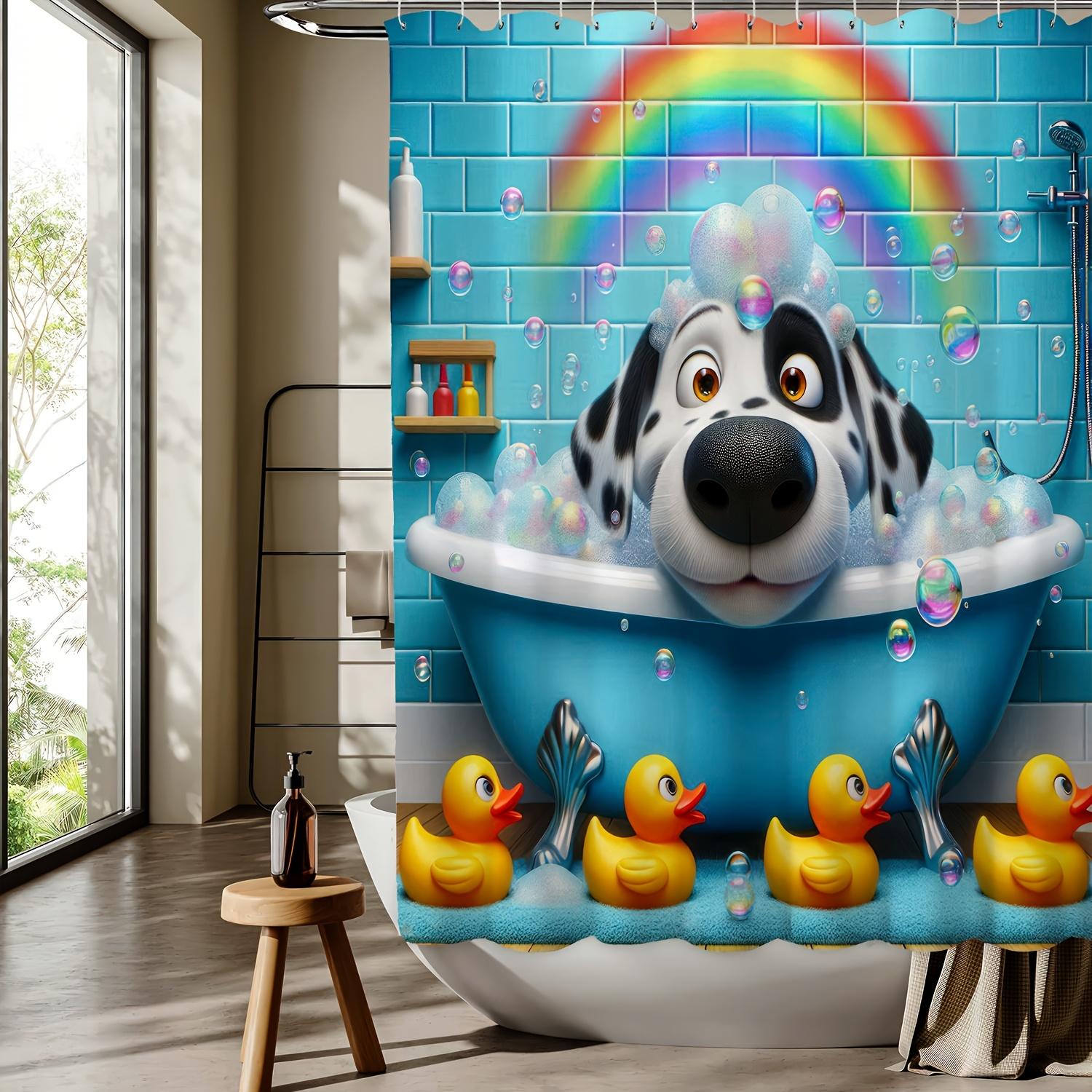 

Puppy Bath Cartoon Digital Print Shower Curtain, Free Hook, Machine Washable, Reversible All-Season Polyester Bathroom Decor W90xH180cm