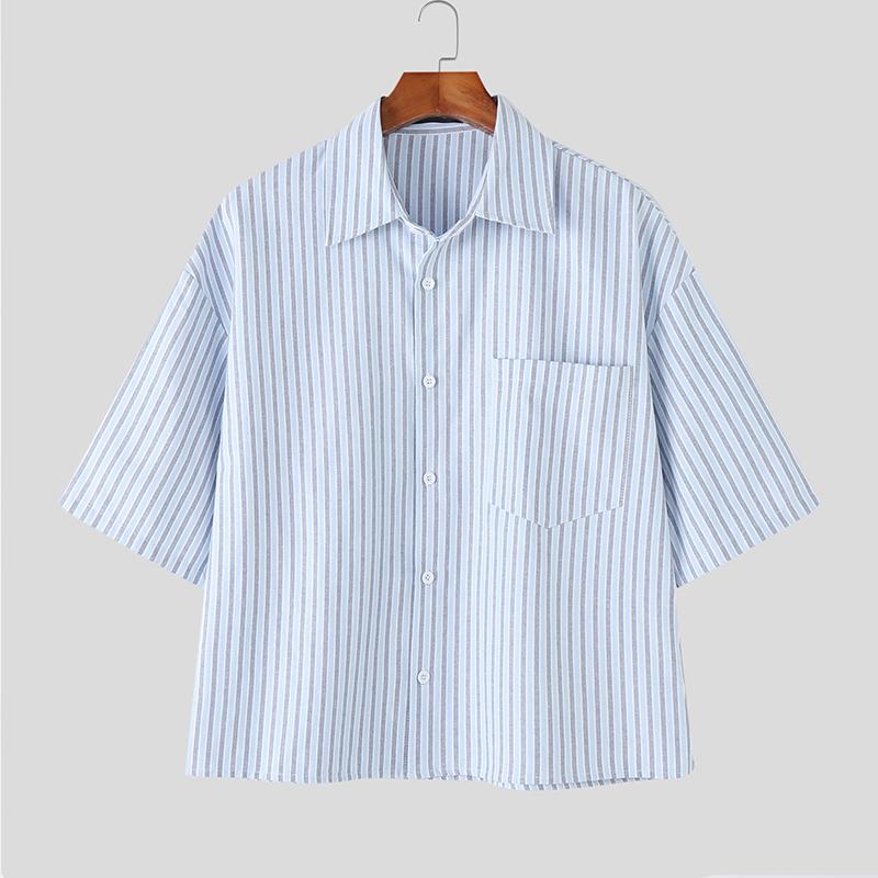 

INCERUN Oversized Men Lapel Drop Shoulder Short Sleeve Striped Casual Short Shirts