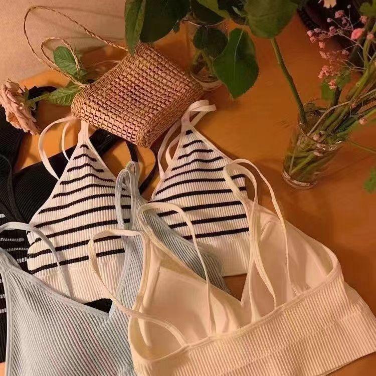 Camisole Bra One-Piece Padded Anti-Slip Versatile Student Solid Color Stripe Small Sling Camisole Underwear