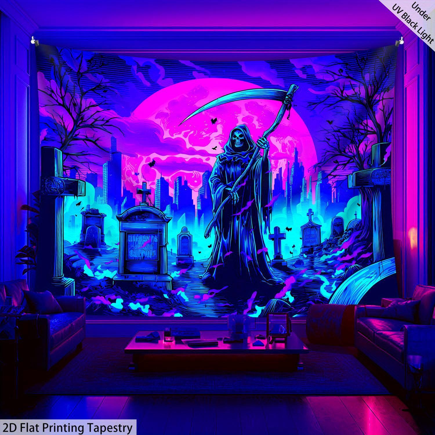 Grim Reaper-themed tapestry with gradient cemetery neon scythe Grim Reaper dark party escape room Halloween decoration 100X70CM