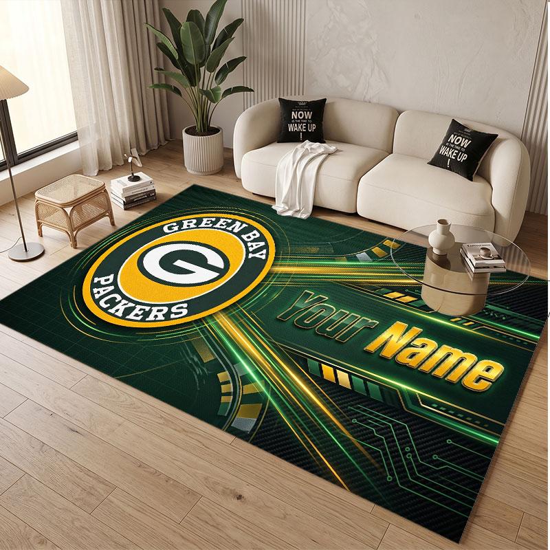 Custom Rug Green Bay Packers Pattern Print Name Text Soft Non‑Slip Floor Carpet for Home Indoor Decoration