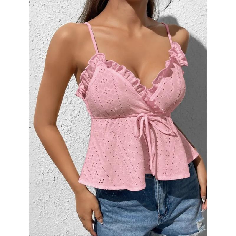 Women Sexy Lace Trim Spaghetti Strap Sleeveless Slim Fit Solid Camisole Top