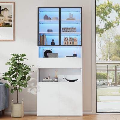 70*30*200cm Vitrinenschrank mit Schubladen, Schränken, Glastüren und LED, Hoher Schrank mit offener Lagerplattform, Bücherregal, Weiß