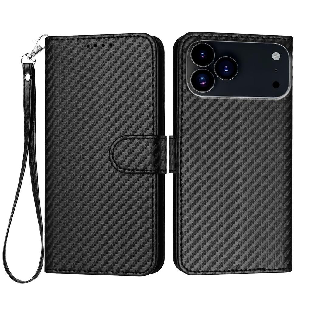 For iPhone 17 Pro Wallet Case with Strap Carbon Fiber Texture Leather Mobile Cover
