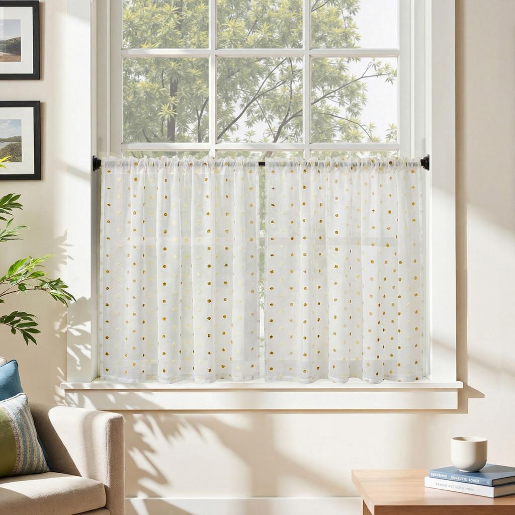 Kitchen Curtains, 2-Piece Set, Polka Dot Jacquard, Rod Pocket Top