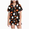 Kids Halloween Print Collar Short Sleeve Top and Shorts Set for Casual Loungewear