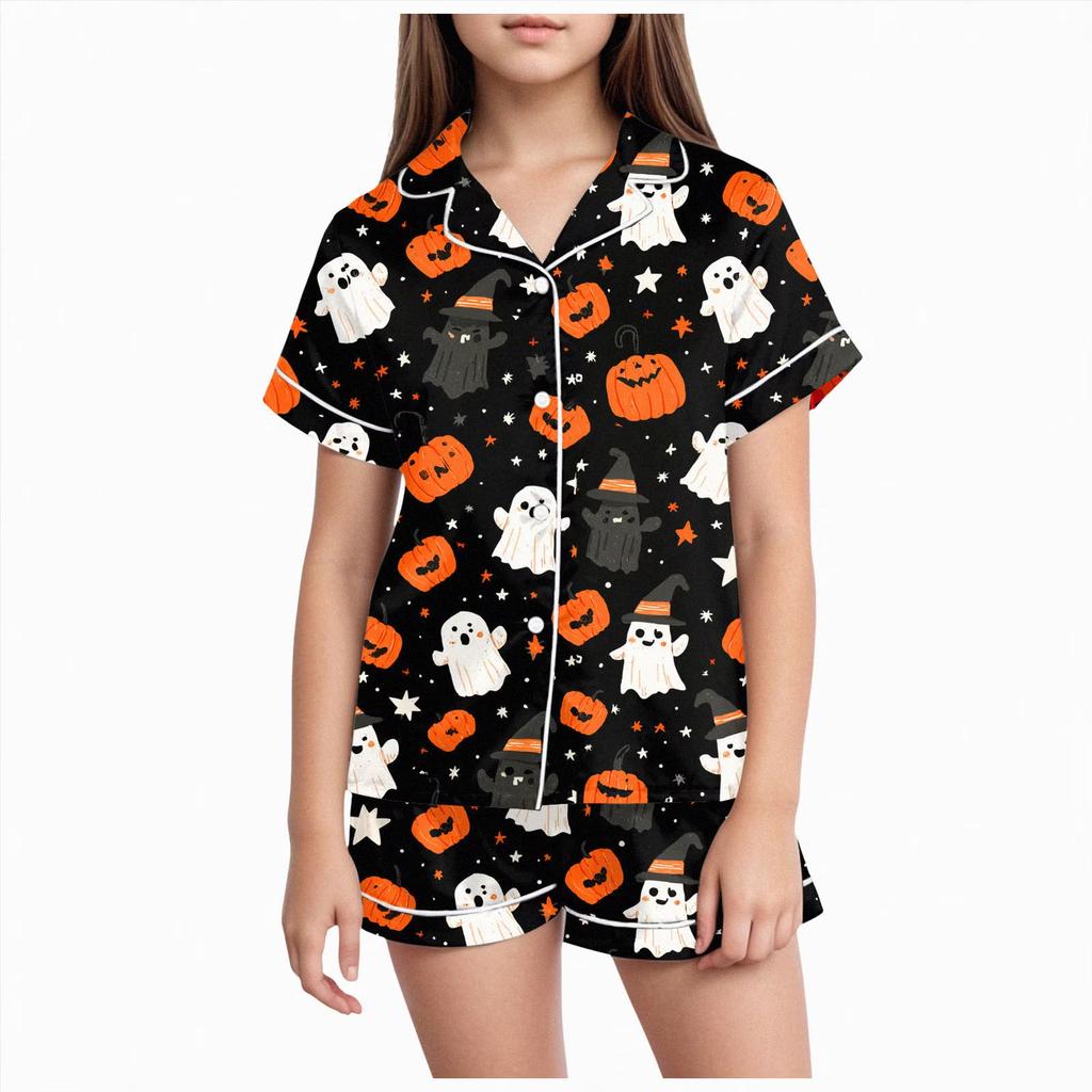 Kids Halloween Print Collar Short Sleeve Top and Shorts Set for Casual Loungewear