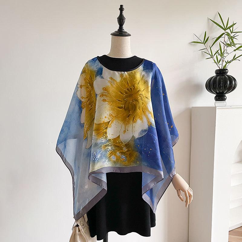 Pullover aus simulierter Seide, Seidenschal, quadratischer Schal, Sonnenschutzkleidung, Damen-Sommeroberbekleidung, lockerer Schal in Übergröße, Schal im ethnischen Stil.