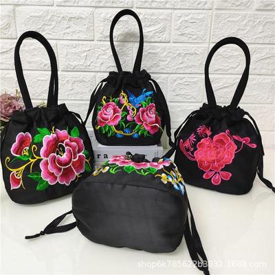 2024 Ethnic Style Embroidered Canvas Drawstring Bucket Bag for Women