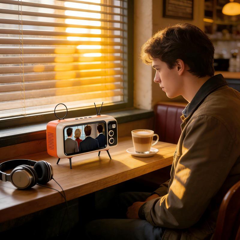 Retro TV Style Bluetooth Speaker and Phone Holder Stand