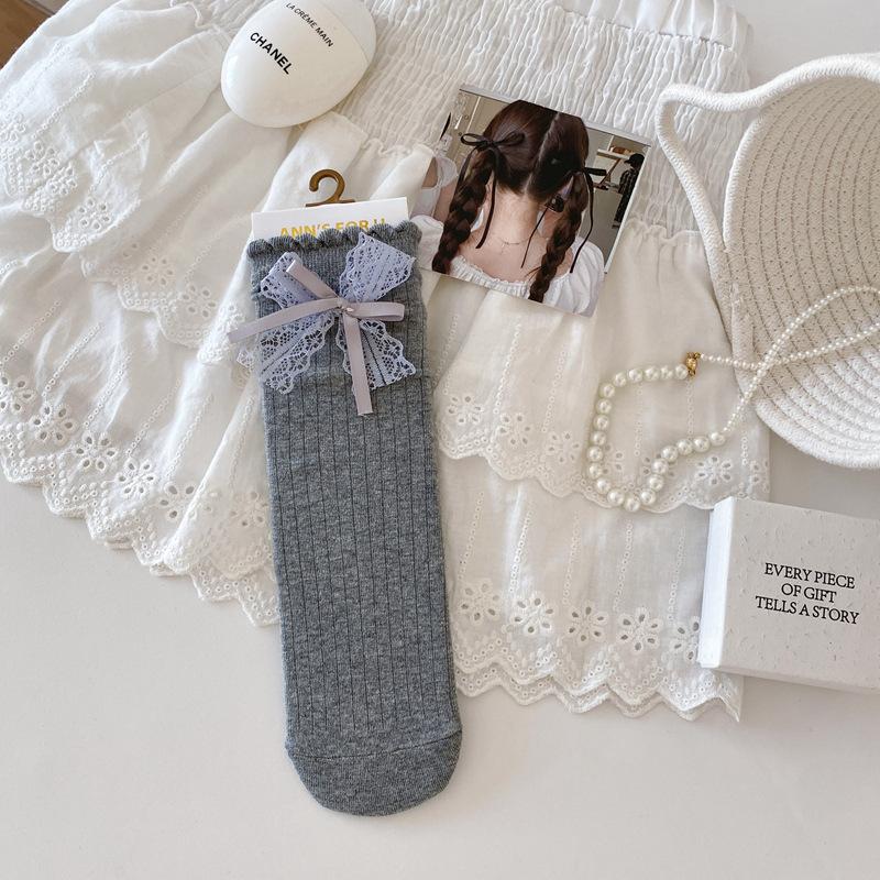 24 Autumn Lace Bow Socks Women S Japanese Polka Dot Tube Socks Ballet Style Sweet Lace Pile Socks one size fits all