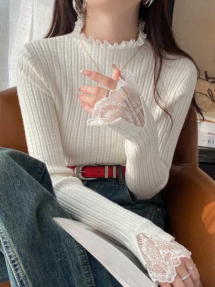 Women Lace Splicing Autumn Winter Sweater Solid Color Ruffled Stand Collar Knit Sweaters Loose Fit Casual Pullover Elegant Fashion Slim Fit Clothing