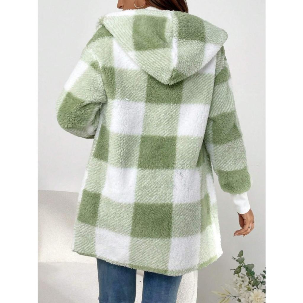 Women's Autumn and Winter Hooded Plaid Warm Top, Mid To Long Plush Cardigan Jacket