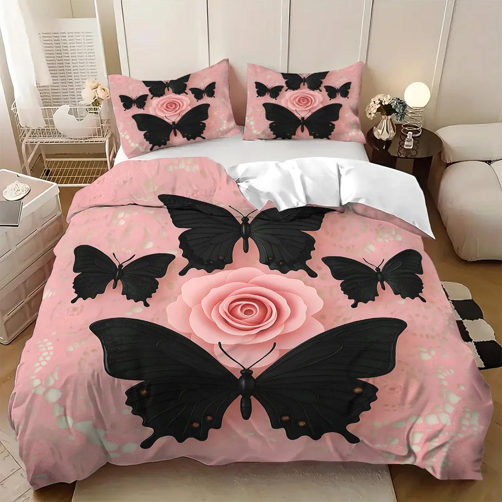 3pcs Pink Floral Butterfly Pattern Duvet Cover Set, 1 Duvet Cover+2 Pillowcases, Coreless. Soft and Comfortable Bedding Set