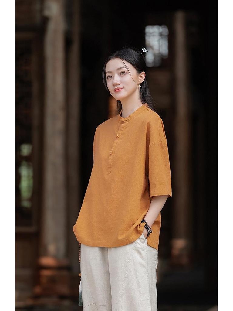 Women's Short-Sleeve Retro Frog Button Linen-Cotton Zen Top