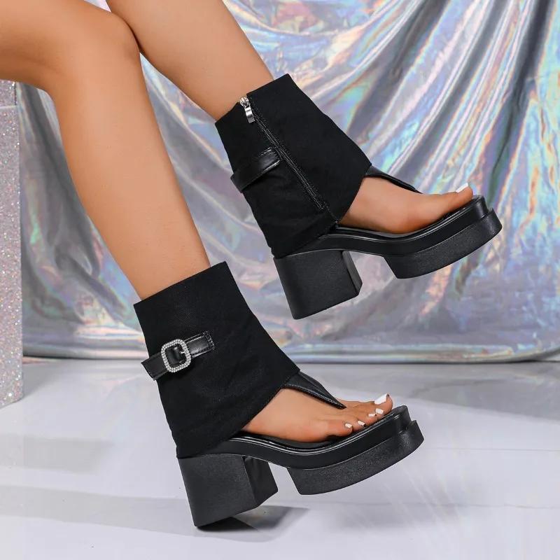 2025 Summer New Women's Cover Heel Sandals Outdoor Buckle Chunky Heels Side Zip Ankle Boots Women Platform Modern Thong Sandals