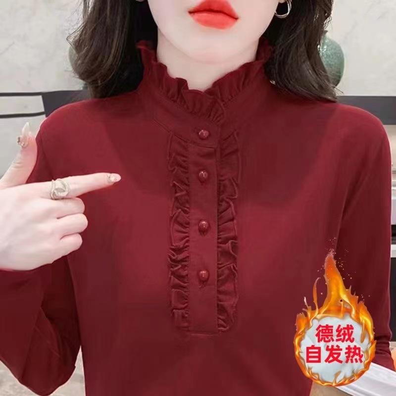 Autumn and winter high-end temperament fungus edge German velvet bottoming shirt women's clothing slim-fitting inner warm long-sleeved top women