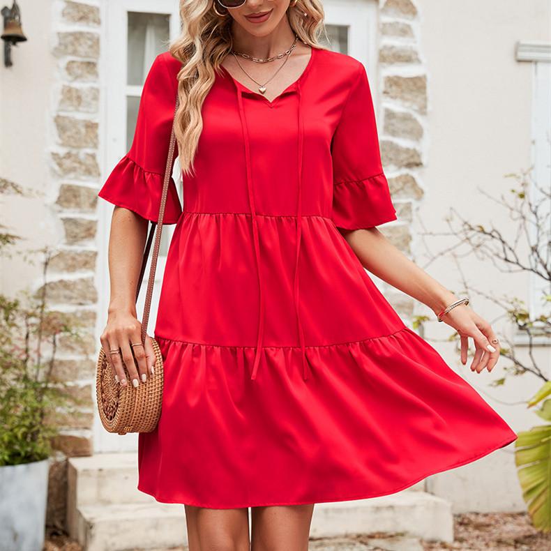 HNXC Damenmode Sommer Frühling Einfarbiger Druck Kurzarm V-Ausschnitt Hohe Taille Freizeitkleider