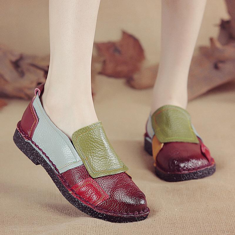 Flat Women's Shoes Ethnic Style Genuine Leather Color-blocking Casual Women's Single Shoes Large Size Hot Women's Shoes Beanie Shoes