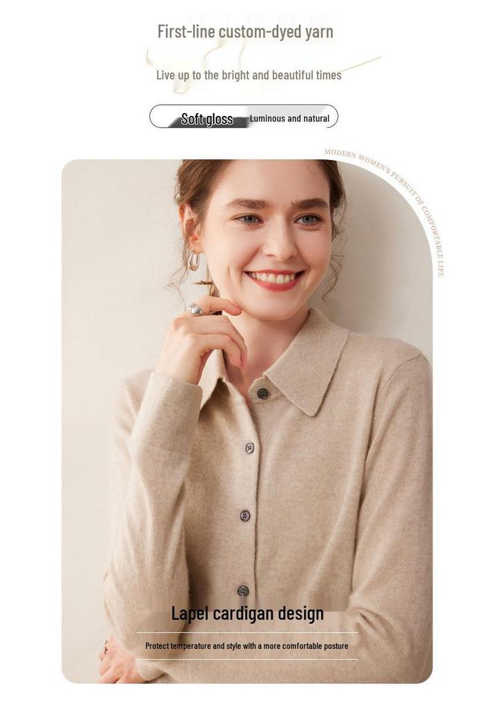 Women's Cashmere Polo Collar Knit Cardigan Sweater - Long Sleeve Lapel Knit Top