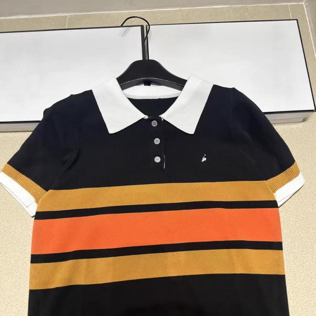 Little Horse Striped Lapel Knit Top: Casual Summer 2026 Short Sleeve