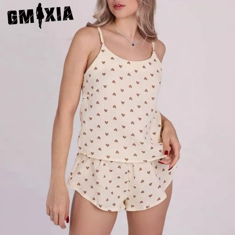 

GMXIA Майка-топ Хлопковая пижама с принтом «Любовь» Шорты Комплект из двух предметов Женская домашняя одежда L абрикосовый