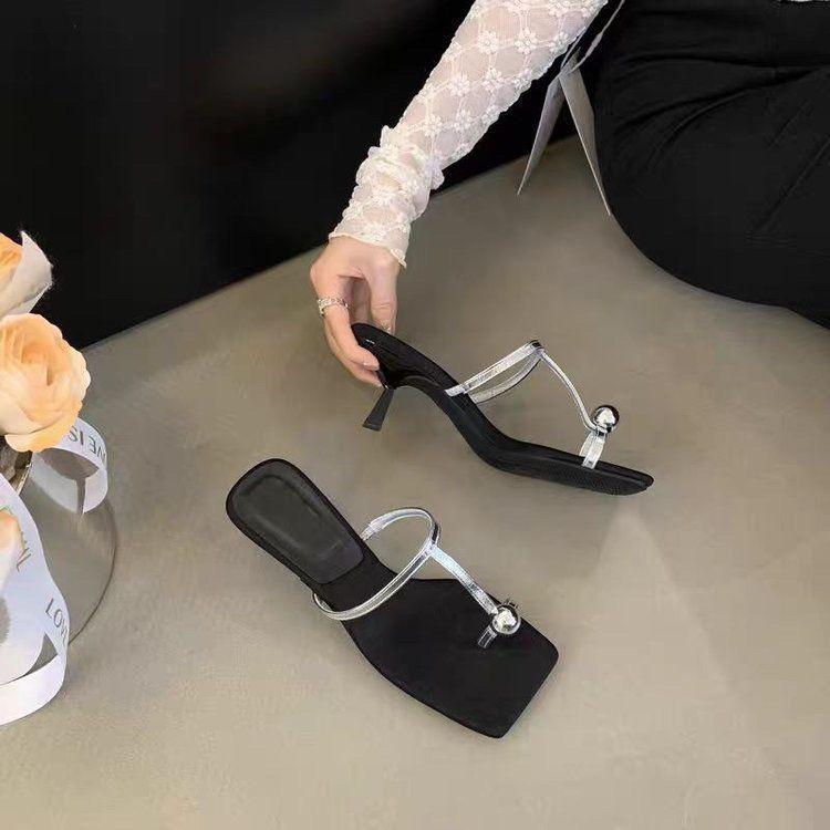 Fashion trend sense soft sole not tired feet square head thin heel high heels set toe cool slippers