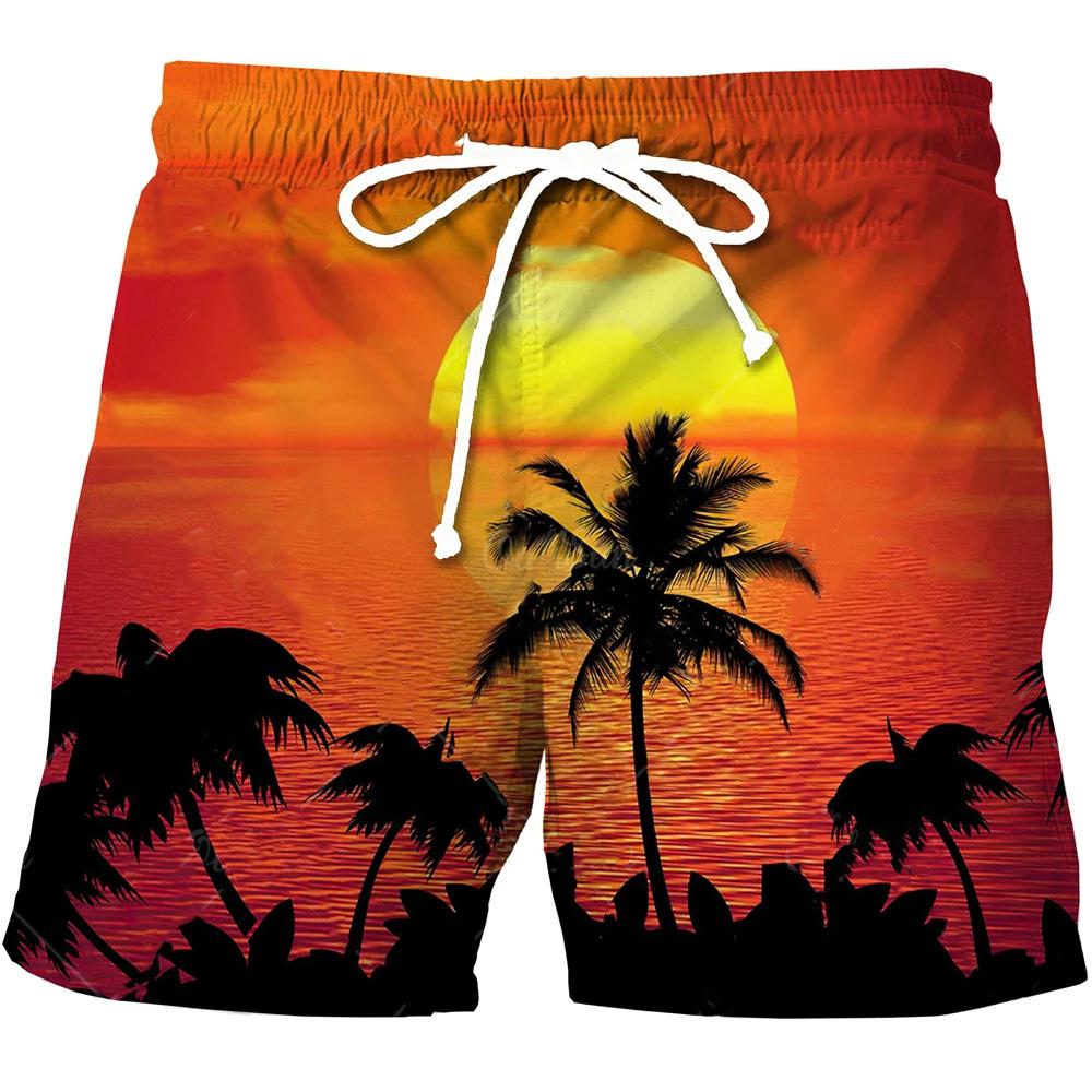 Men's Casual Shorts Beach Hawaii Casual Sports Shorts Natural Plants 3D Printing Shorts Fashion Men Breathable Drawstring Shorts