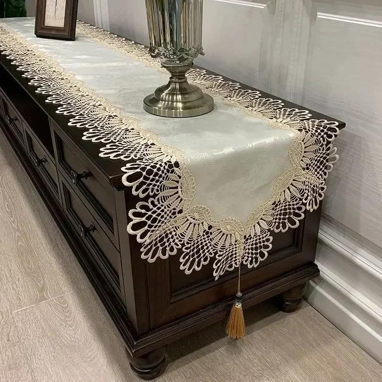 Tv Cabinet Lace Tablecloth  Embroidered Tassel Dining Table Flag Shoe Cabinet Long Striptransparent Yarn Dust Cover Cloth