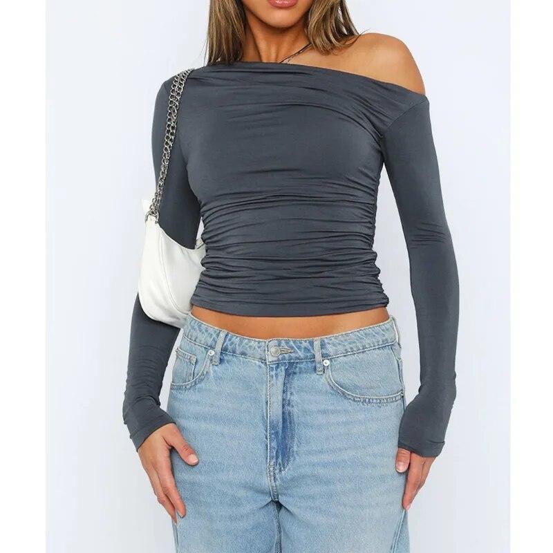 Fashion Slim Fit Skew Collar T-shirts Women Solid Pleated Off-the-Shoulder Crop Tees Tops Casual Elegant White T Shirt  30646