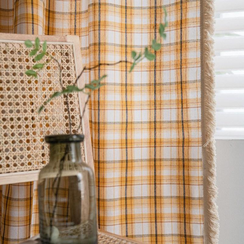 American Style Cotton Linen Plaid Curtains Bedroom Curtains with Tassel Semi-shading Kitchen Valance Drapes for Living Room