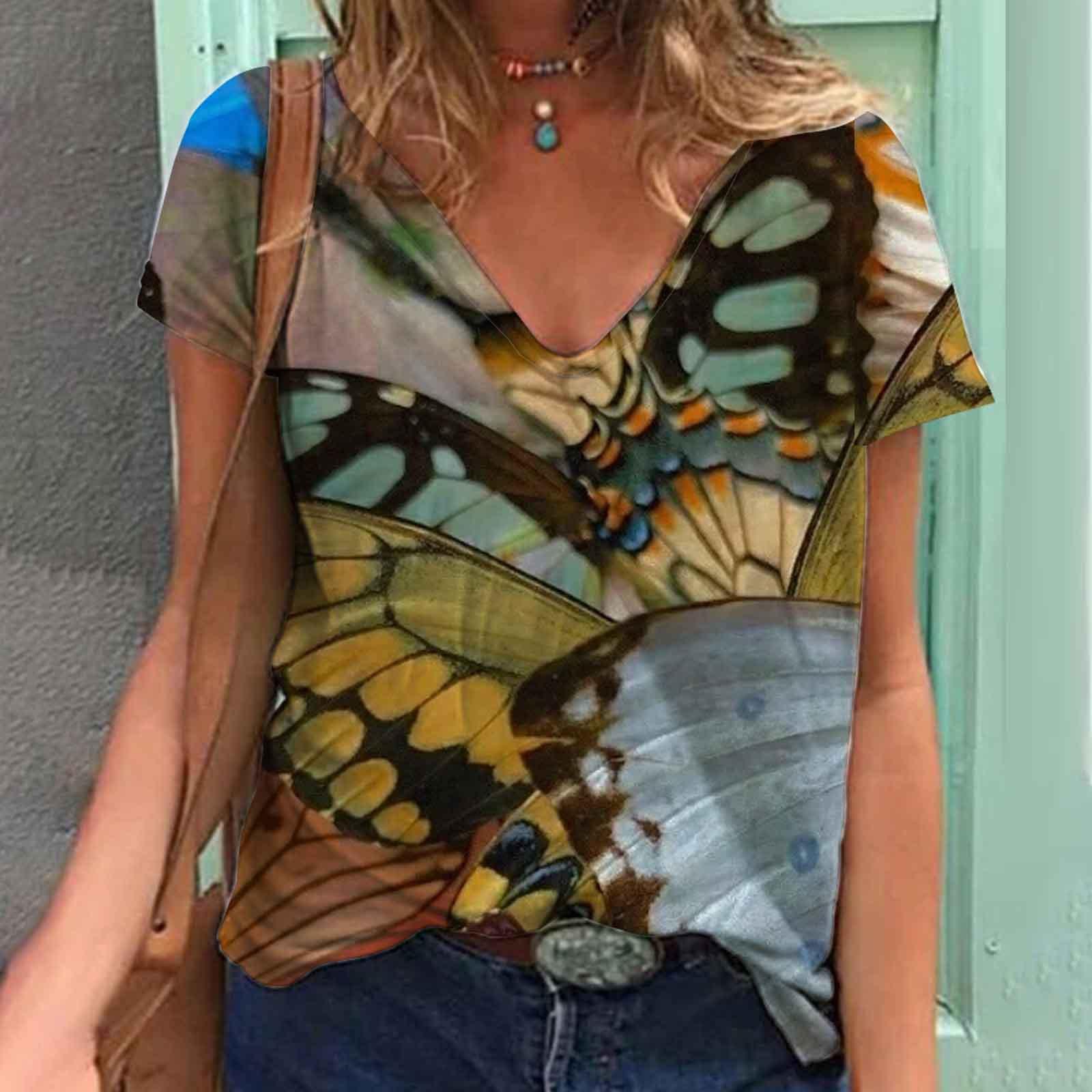 Женские футболки с V-образным вырезом и коротким рукавом с 3D-принтом и принтом бабочки — фото 6