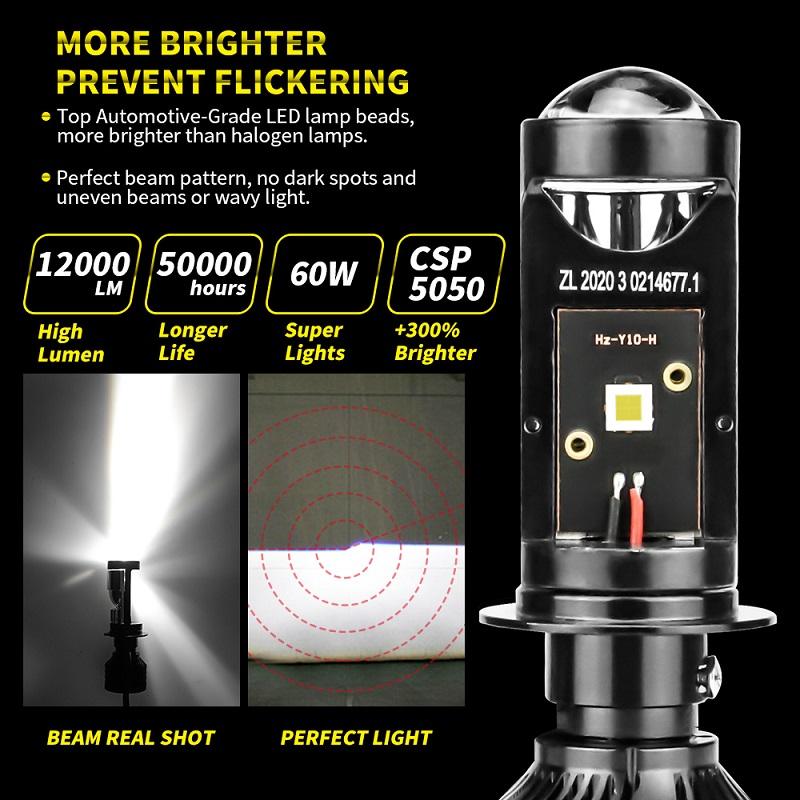 Car Headlight Mini Lens H4 H7 LED Projector Bulb 120W Canbus High Low Beam Y10 HB2 9003 6000K White Auto Motorcycles HeadLamp