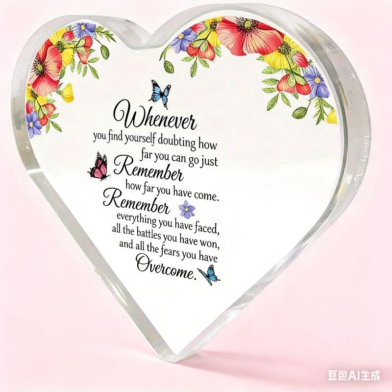 2D Flat, Heart-Shaped Acrylic Desktop Decoration, Butterfly & Flower Design, Home Decor Plaque Hanging Wall Art Decorative Garden Decoration for Room