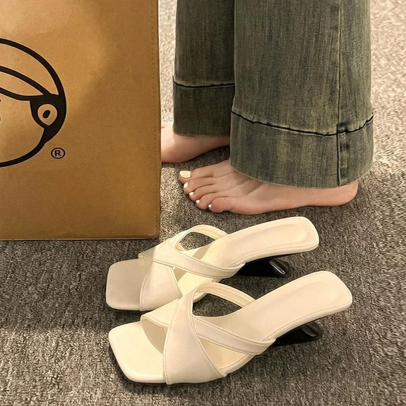 Fashion French Style Women High-heel Sandals Designer Slippers Fashion Square Toe Slope Heel Slippers Summer Open Toe High Heel Slippers