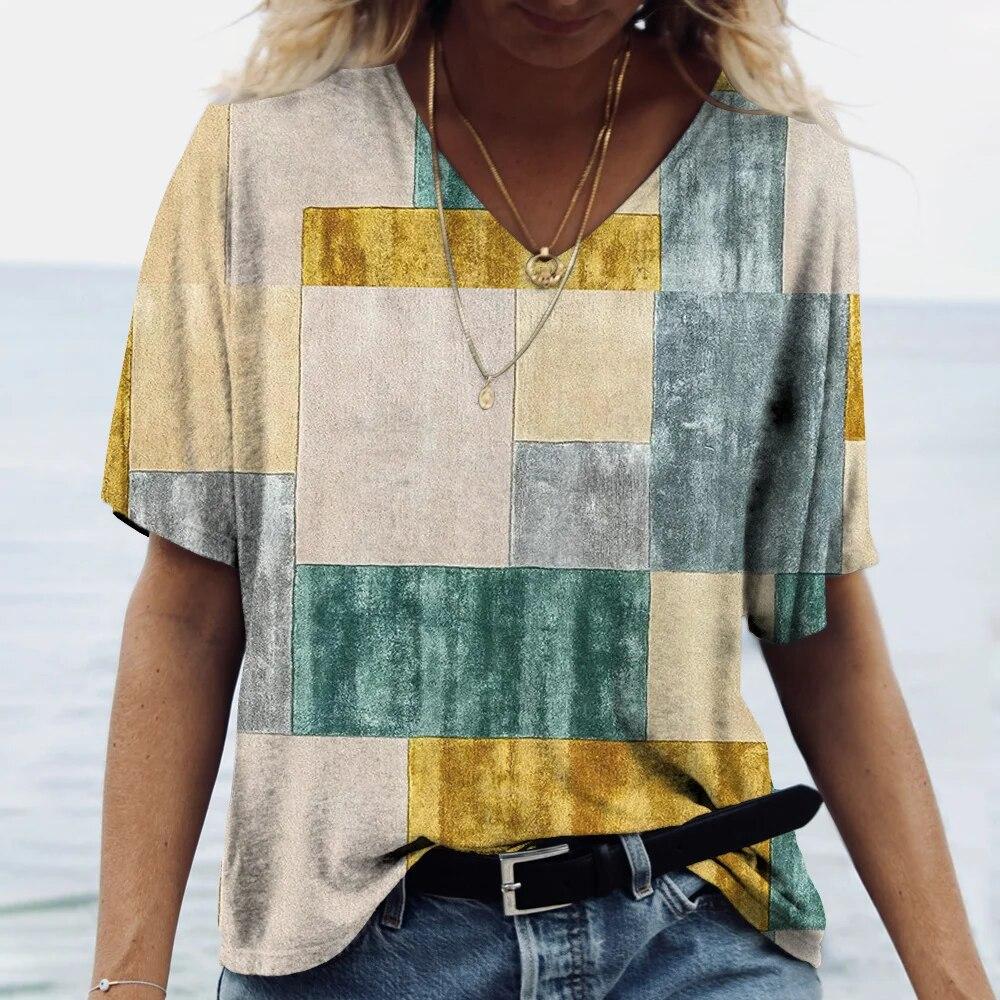 Vintage καρό γυναικείο μπλουζάκι 2023 Hot μπλούζα Καλοκαιρινή με λαιμόκοψη V-λαιμόκοψη casual κοντομάνικα μπλουζάκια Γυναικεία υπερμεγέθη μπλουζάκια καθημερινά ρούχα