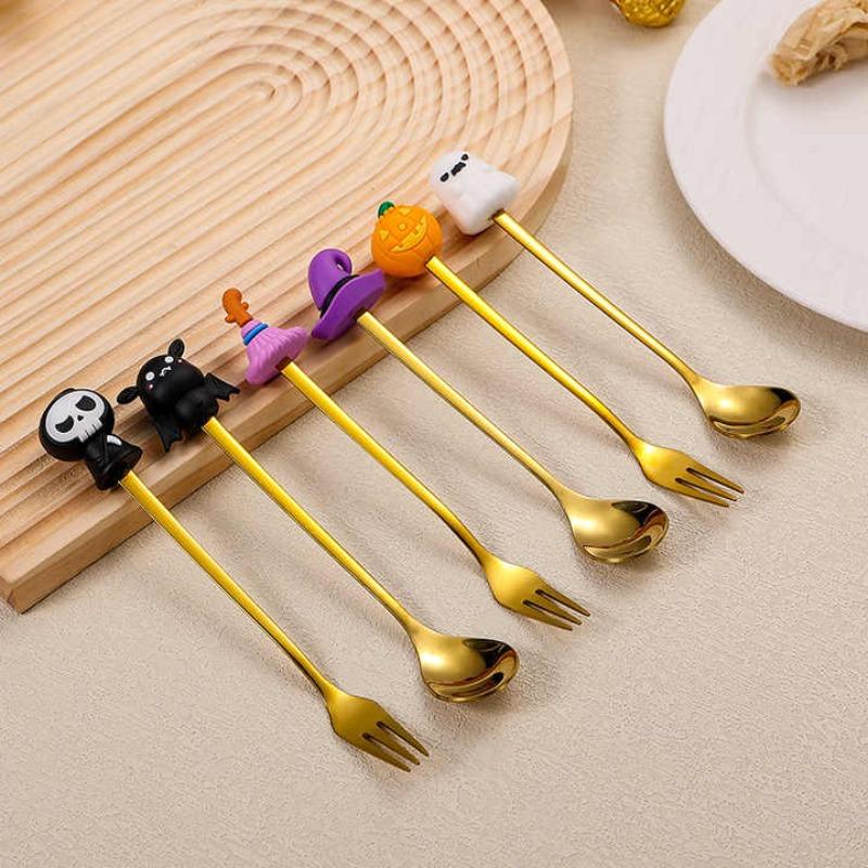 Halloween Cadeaus 304 Roestvrij Staal Koffielepels Halloween Stijl Hanger Taartvork Themafeest Tafelbestek Set