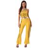 Womens 70s Disco Halter Sequined Top Tassel Fringe Flared Pants Romper Shiny Metallic Jumpsuit