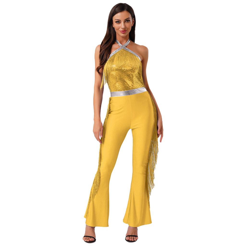 Womens 70s Disco Halter Sequined Top Tassel Fringe Flared Pants Romper Shiny Metallic Jumpsuit
