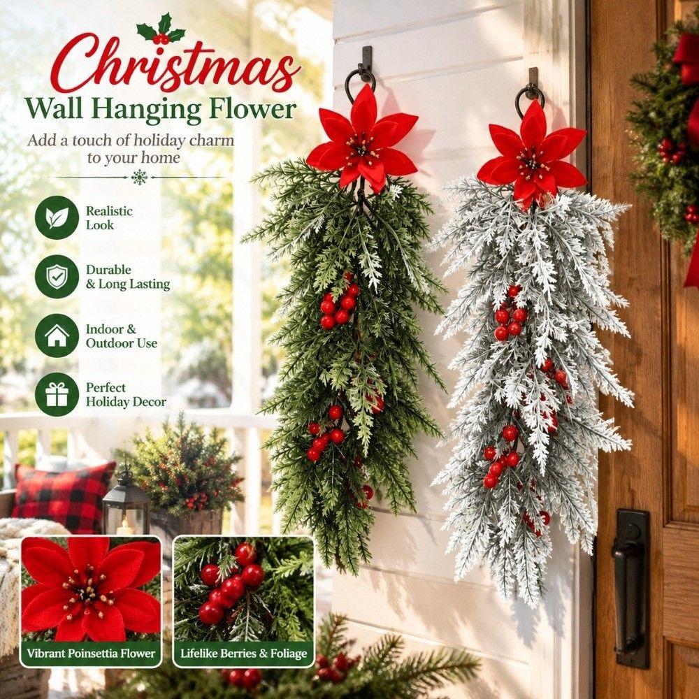 Flexible Branch Artificial Flower Wall Hanging Red Berry Poinsettia Decor  Christmas Party