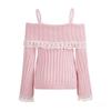 Sweater for Women Pullover Warm Knitted Lace-trimmed Off-the-shoulder Halter Top Long Sleeve Oversize Jumper Sweater Tops