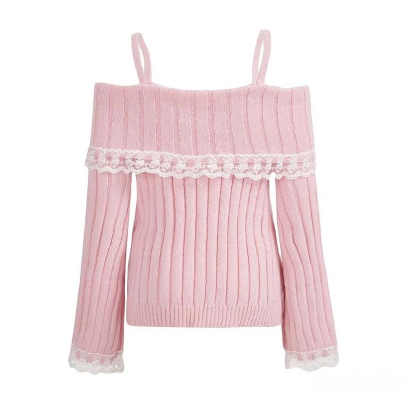 Sweater for Women Pullover Warm Knitted Lace-trimmed Off-the-shoulder Halter Top Long Sleeve Oversize Jumper Sweater Tops