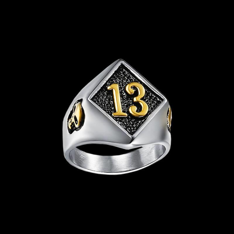 Anello Teschio Numero 13 Acciaio Inossidabile 316L Stile Punk Biker Gotico Gioielleria Taglia 7-19