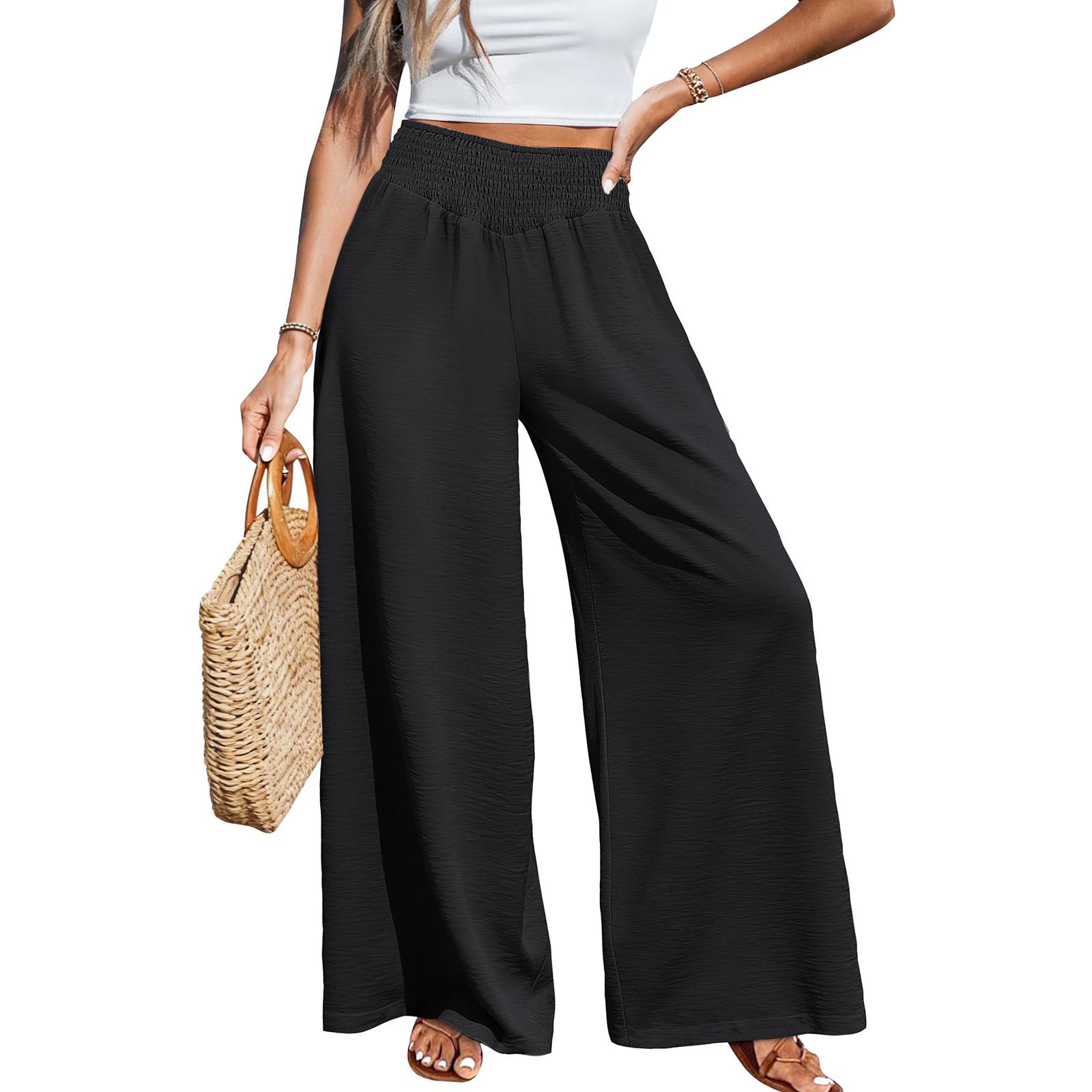 

Жіночі Еластичні Штани з Високою Талією Повсякденного Кроєння Широкі Довгі Штани З Кишенями L чорний