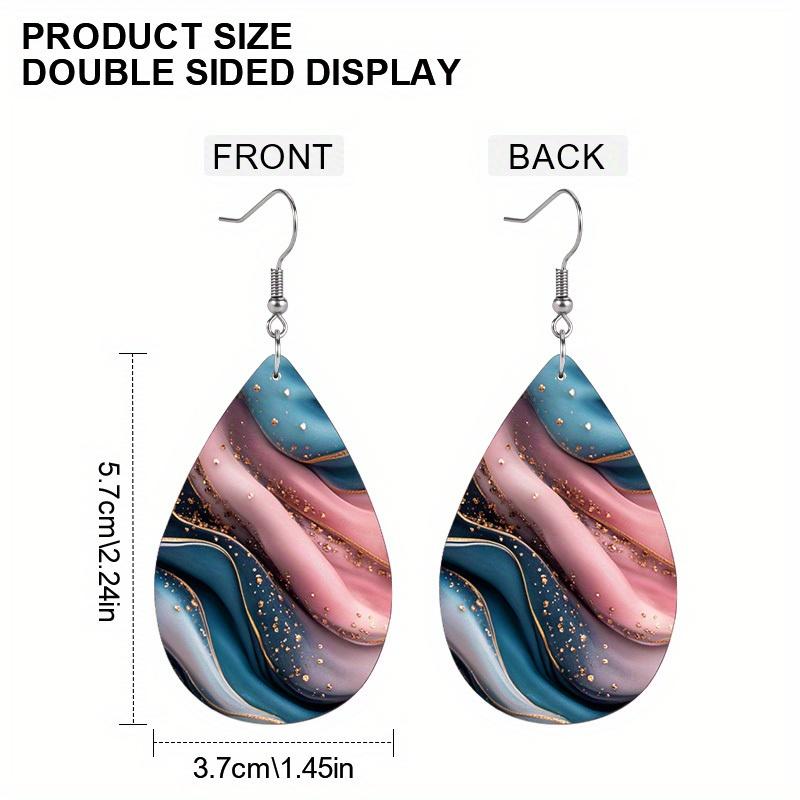 Boho Abstract Pink Blue Gilter Quicksand Print PU Earrings for Women Chic Spring Summer Blue Starry Sky Double Sided Print Waterdrop Earrings
