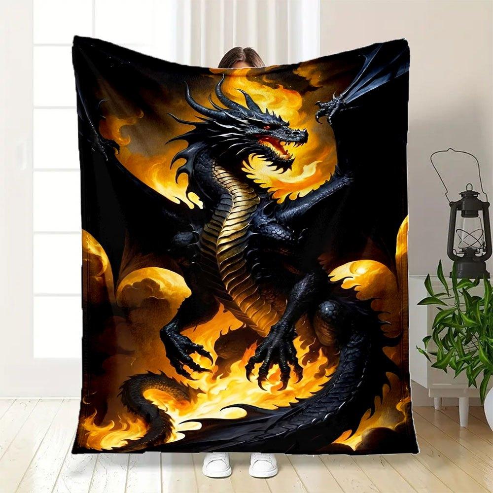 "Flaming Black Dragon Fantasy Art Print"Blanket Flannel Throw Blanket for Sofa, Bed, Travel, Camping, Office, Couch, Chair, And Bed Gift for
