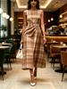 Round Neck Sleeveless Midi Dress with Plaid Printed Pattern Brown Women Modern Elegant Casual Fashionable Spring Summer Autumn Women's Clothing