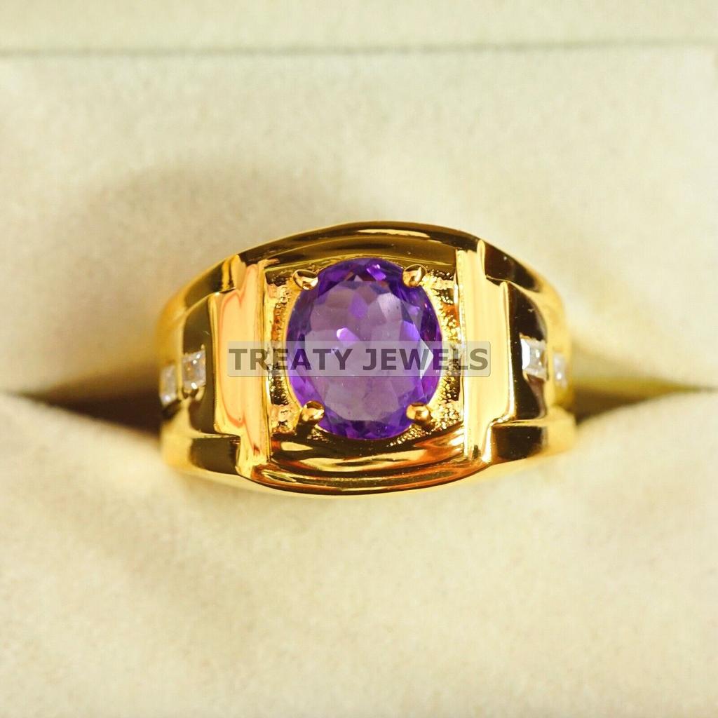 Amethyst Oval Cut With 925 Sterling Silver Gold Plated Ring For Men's #A676 JL375658847179