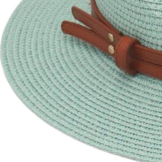 Women Jazz Hat Wide Brim Faux Leather Belt Decor Beach Straw Hat Adjustable Size UV Protection Foldable Summer Hat
